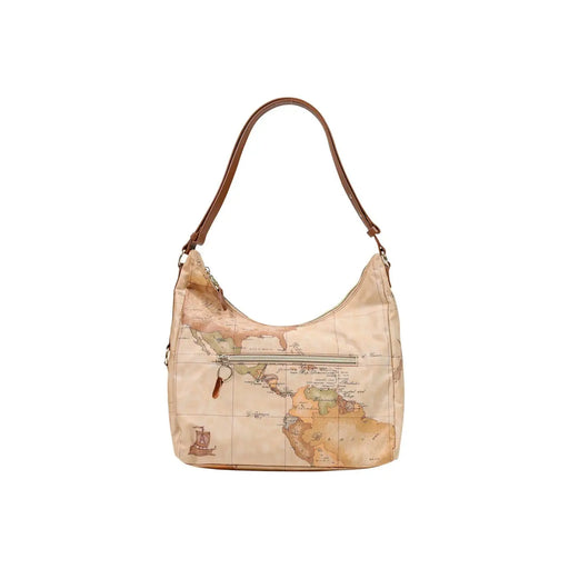 Sac bandoulière beige Alviero Martini pour femme, en cuir marron, imprimé carte du monde vintage et bandoulière en cuir marron