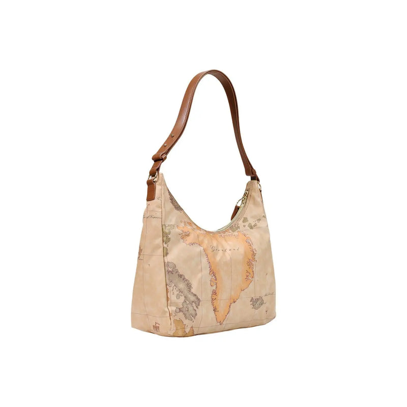 Beige map-patterned shoulder bag with brown leather strap by Alviero Martini for women model W32