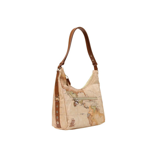 Sac bandoulière femme Alviero Martini en cuir marron avec motif carte beige et bandoulières métalliques