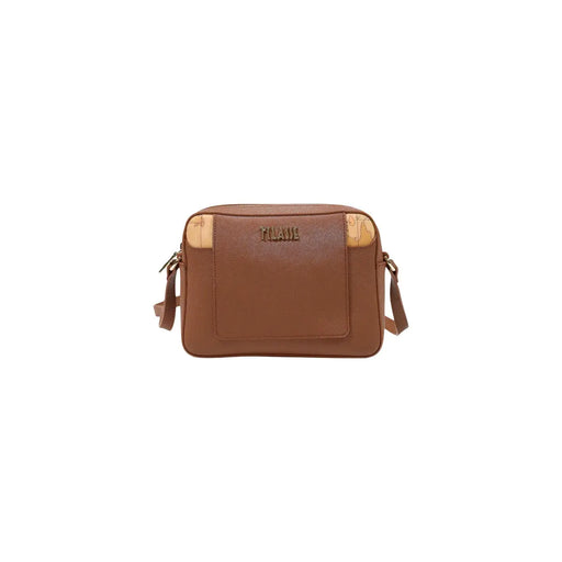 Sac bandoulière femme Alviero Martini en PVC marron avec détails beige à motif carte et logo jument doré 21 x 16 cm