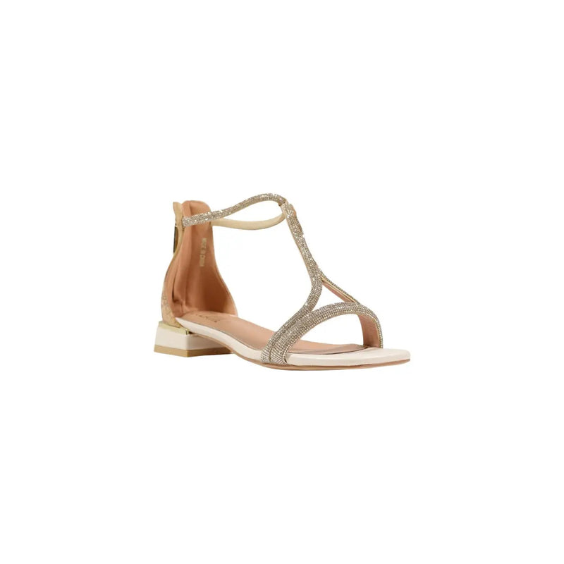 Alviero Martini women gold sandals rhinestones with shimmering polyurethane t-strap and beige leather low block heel