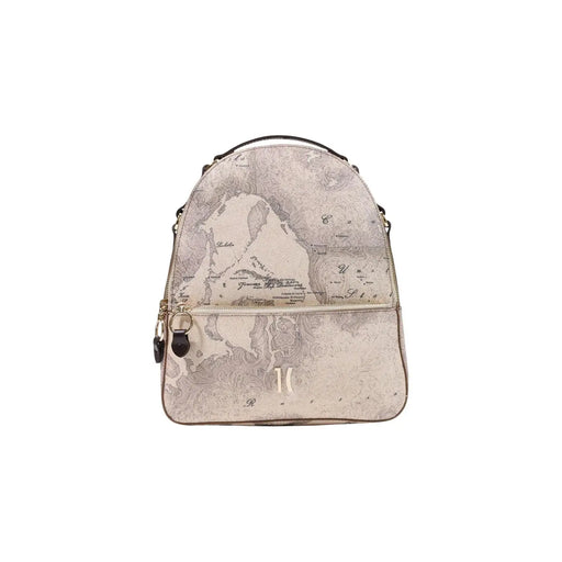 Sac à dos Alviero Martini pour femme en cuir gris, 24 x 29 cm, avec dos beige imprimé carte vintage et finitions noires.
