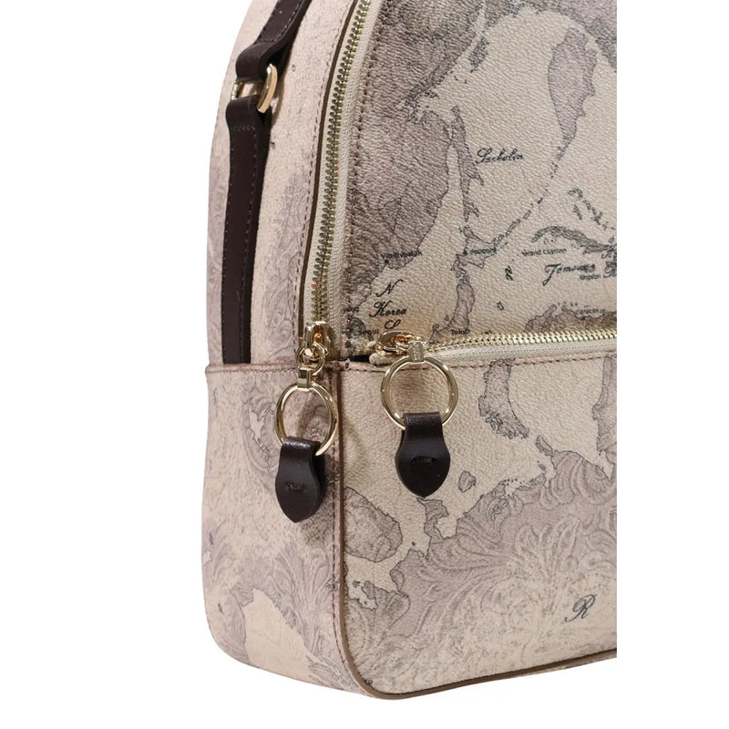 Beige alviero martini women grey leather rucksack 24x29cm with vintage world map print and dark brown leather straps