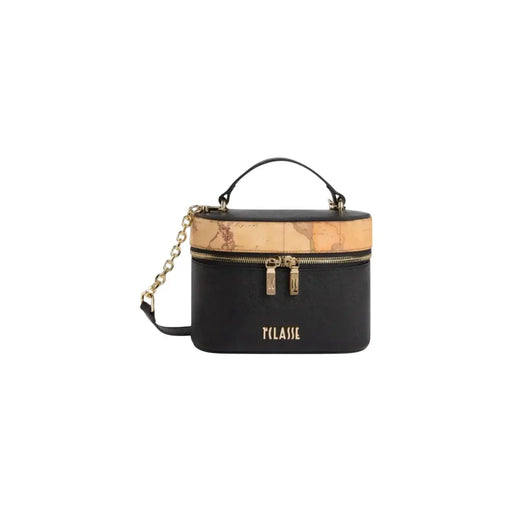 Pochette Alviero Martini pour femme, en PVC noir de 20 cm, ornée d'un motif carte noir et beige et de finitions dorées.