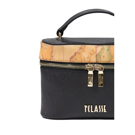 Trousse de toilette en PVC noir texturé avec bande à motif carte vintage et tirettes de fermeture éclair dorées, par tclasse