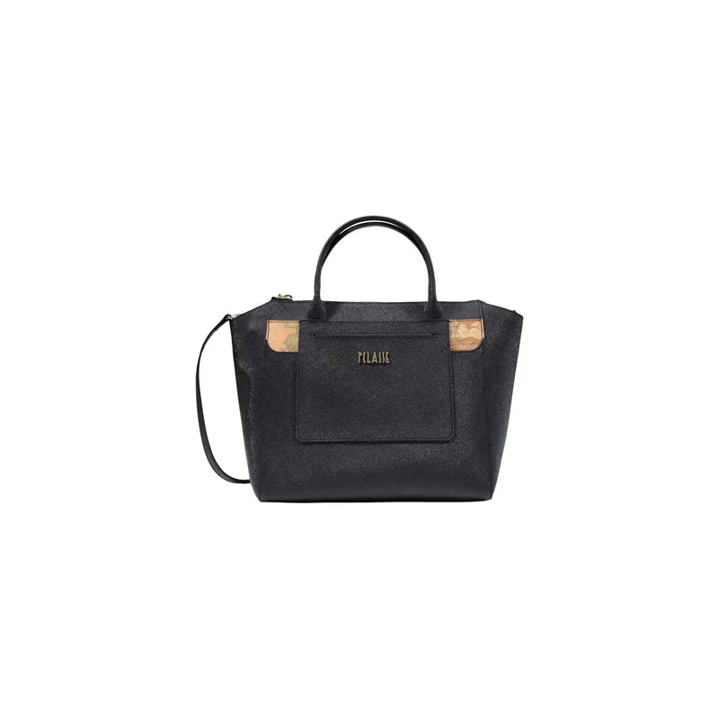 Alviero martini women handbag black textured pvc with cork accents and gold-tone tclanie logo on front