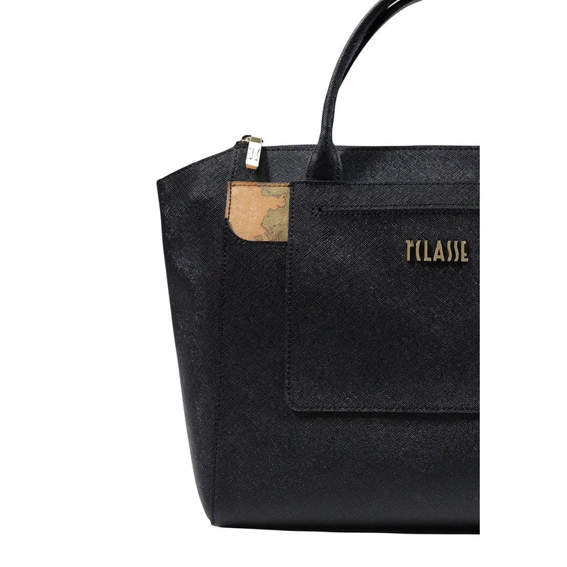 Alviero Martini women handbag black PVC tote bag with gold-tone classe logo and map-patterned front pocket