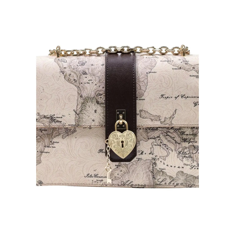 Alviero Martini women handbag beige map-patterned crossbody bag with dark brown leather strap and gold heart lock charm