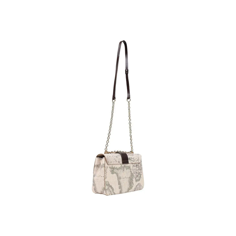 Alviero Martini women handbag beige leather 27cm with vintage map print dark brown strap and silver chain detail