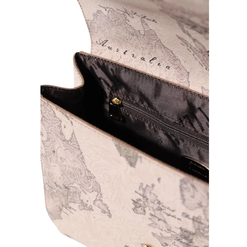 Alviero Martini women handbag beige leather 27cm with vintage world map design gray ink black satin lining gold hardware