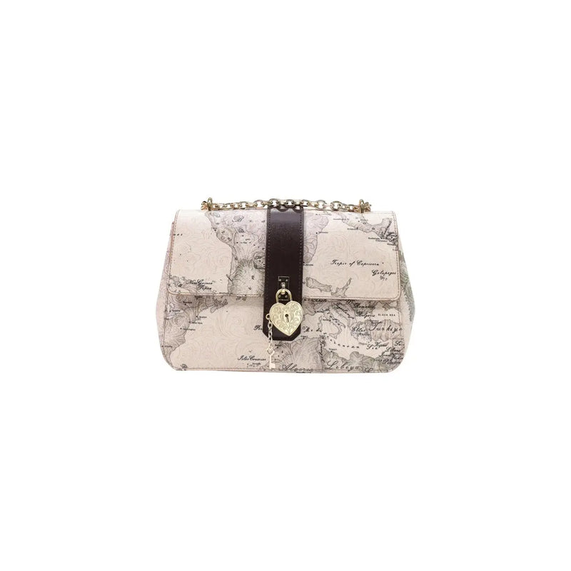 Alviero Martini women handbag cream leather 27cm with vintage map print dark brown strap and gold heart lock charm