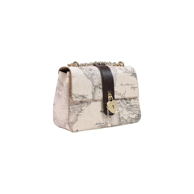 Alviero Martini women handbag cream leather 27cm with vintage map print dark brown strap and gold heart lock