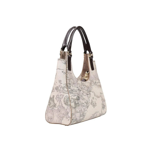 Sac à main femme Alviero Martini beige à imprimé carte vintage et anses en cuir marron foncé, 31 x 30 cm
