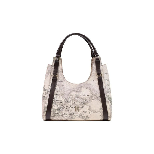 Sac à main femme beige Alviero Martini, imprimé carte vintage, anses en cuir marron foncé et finitions en cuir gris, 31 x 30 cm