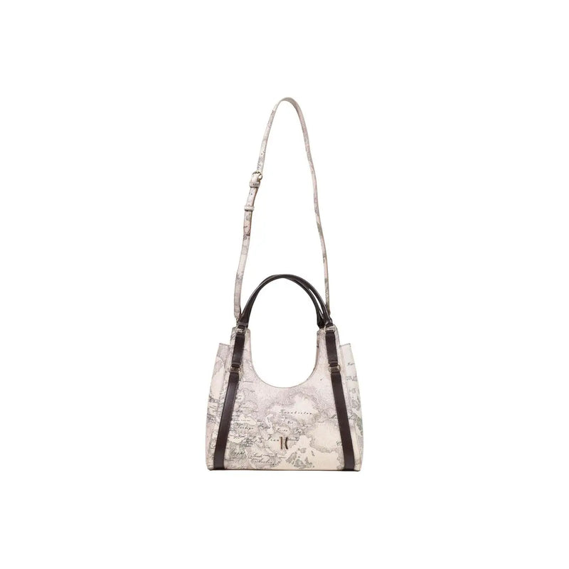 Alviero Martini women handbag beige leather with vintage map print and dark brown straps 31x30cm minimalist design