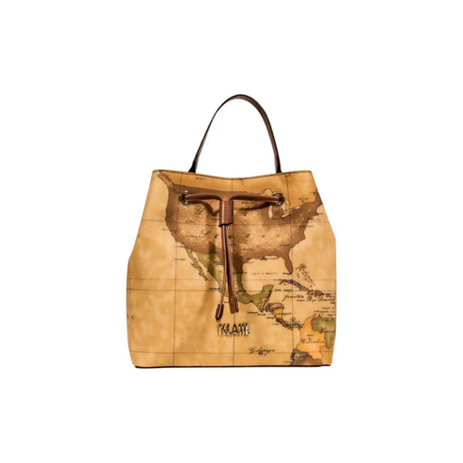 Sac à main Alviero Martini pour femme, en cuir beige, style seau, imprimé carte vintage et cordons marron, largeur 25 cm.