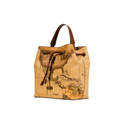 Alviero Martini women leather handbag beige w25cm tan map bucket bag with brown leather handles and drawstring closure