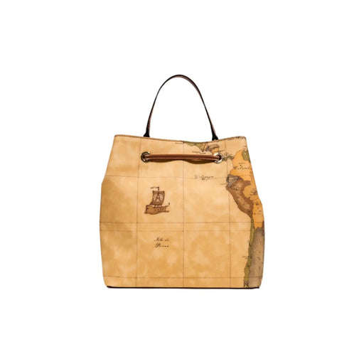Sac à main Alviero Martini pour femme, en cuir beige, largeur 25 cm, orné d'un imprimé carte du monde vintage, de poignées marron foncé et d'une fermeture à cordon.