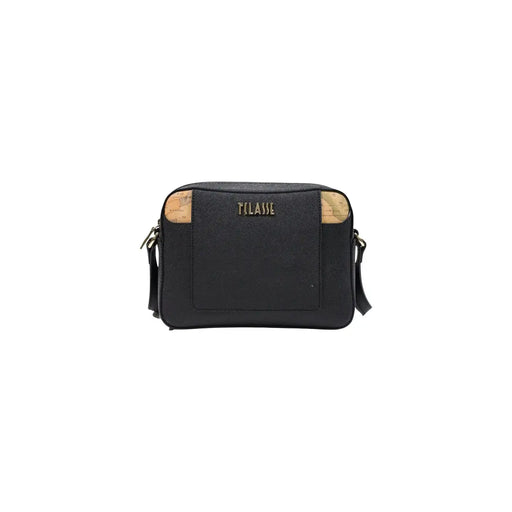 Sac bandoulière Alviero Martini pour femme en PVC noir, doté d'une surface texturée et de côtés en liège naturel avec logo plaqué doré.
