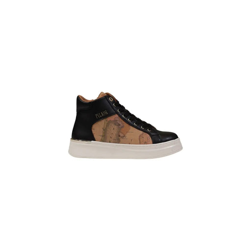 Baskets montantes Alviero Martini pour femmes, en polyuréthane noir.top basket avec empiècement beige à motif carte et semelle en caoutchouc blanc