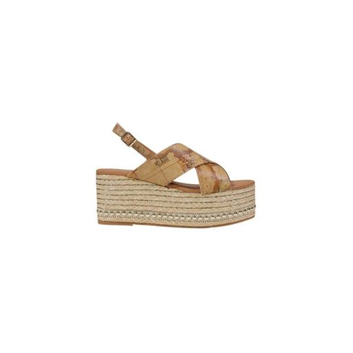 Sandales à plateforme beiges en polyuréthane pour femmes Alviero Martini, avec semelle espadrille tressée et brides croisées à motif carte.