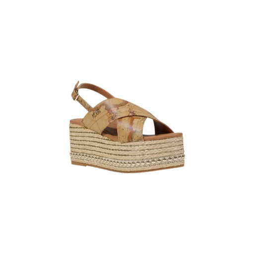 Sandales compensées beiges pour femmes Alviero Martini, avec semelle espadrille tressée et brides en polyuréthane à motif carte.