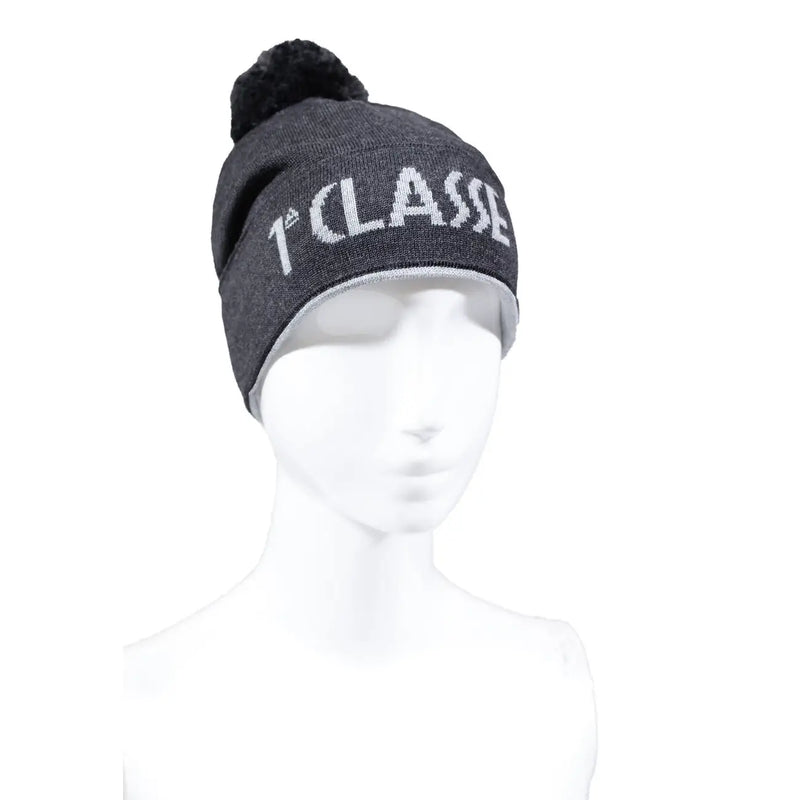 Alviero Martini women wool cap black patterned dark gray knit beanie with fluffy black pom-pom and 1 classe embroidery