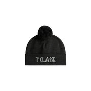 Alviero Martini women wool cap black knit beanie with matching pom-pom and silver 1ère classe embroidery on brim