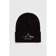 Dark pink floyd beanie with triangular prism design on front, made of soft knit material.