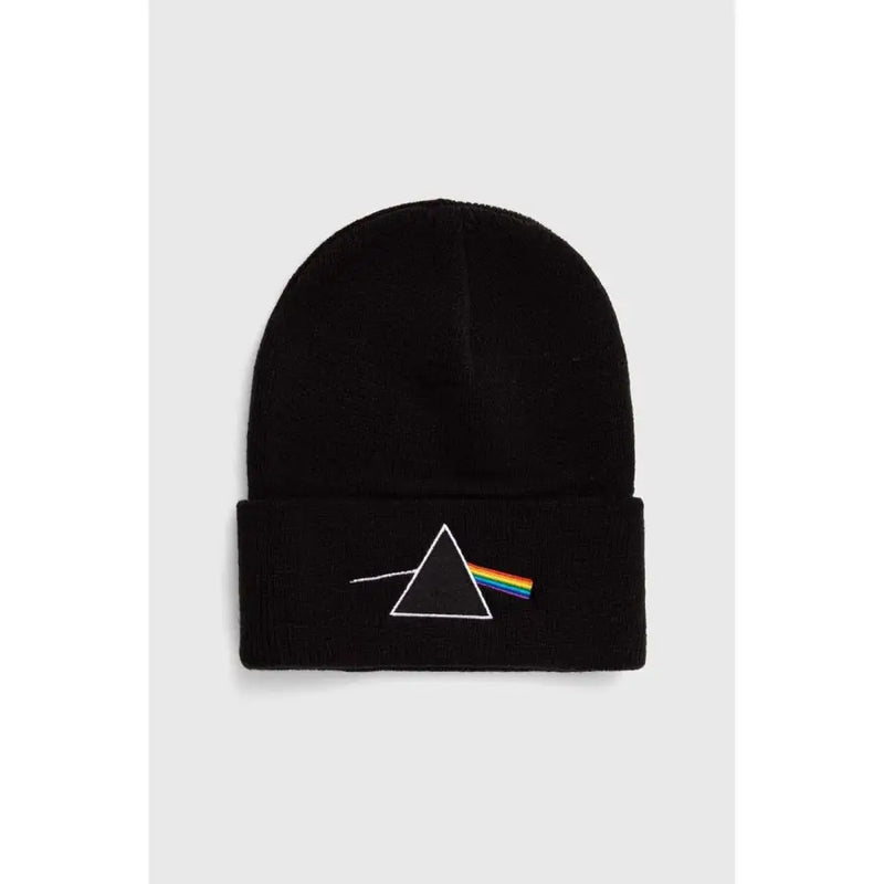 Dark pink floyd beanie with triangular prism design on front, made of soft knit material.