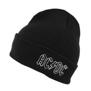 Black knitted acrylic beanie for men with white embroidered acdc logo on folded cuff for fall winter use