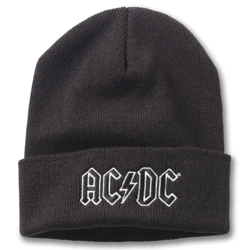 Dark gray knitted acrylic beanie with white embroidered ac/dc logo on cuff american needle fall winter cap for men