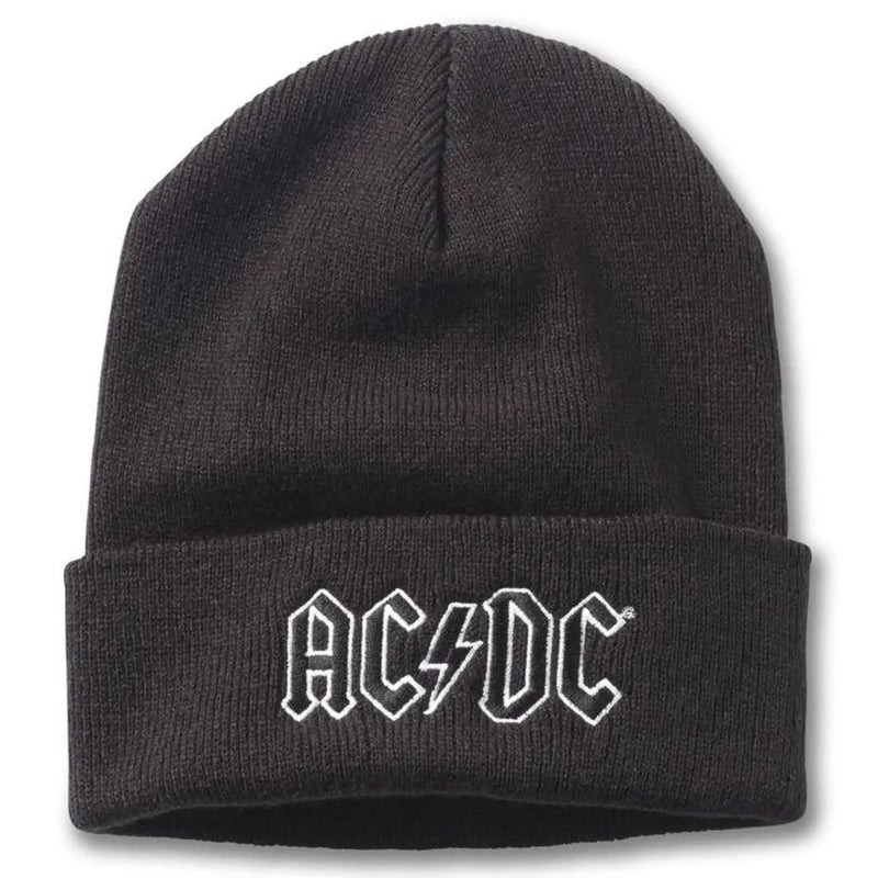 Dark gray knitted acrylic beanie with white embroidered ac/dc logo on cuff american needle fall winter cap for men