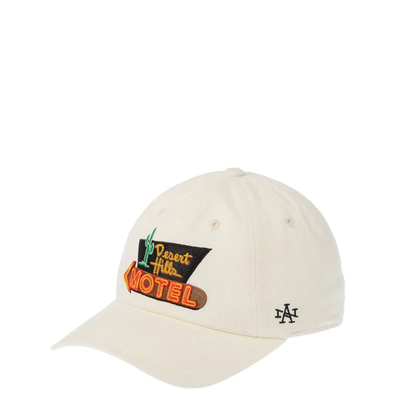 Cream-colored American Needle black cotton print cap for men with vintage desert hills motel embroidered logo