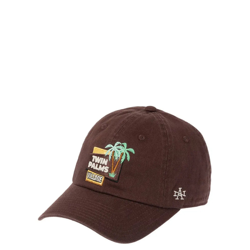 Brown cotton baseball cap by American Needle featuring an embroidered patch with green palm trees and twin palms village text