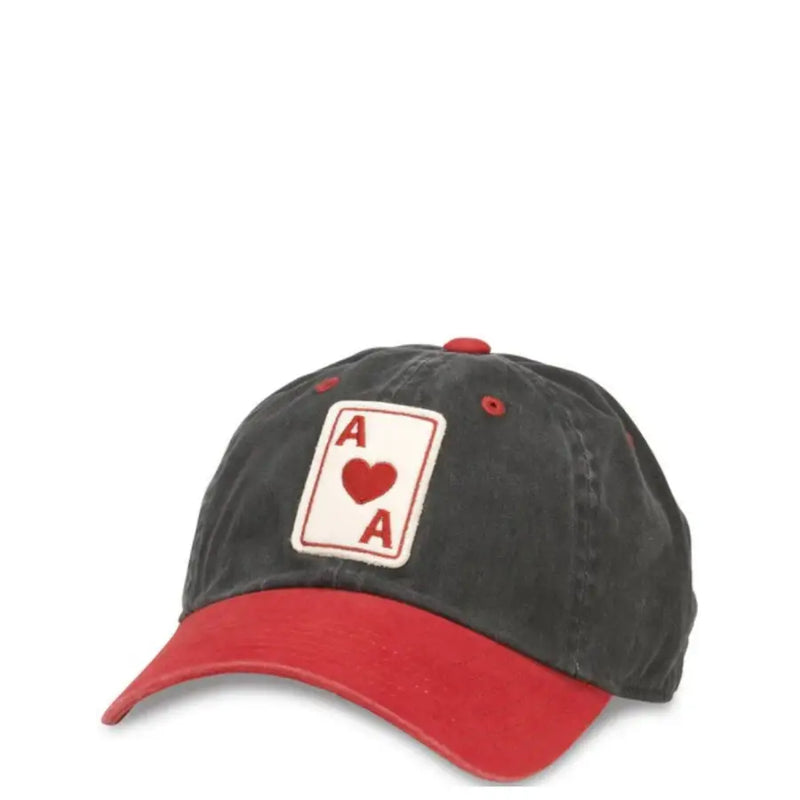 Baseball cap with two aces of hearts design, black and red material, adjustable strap.