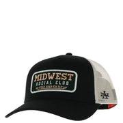 Casquette American Needle Men noire et blanche en coton mesh avec écusson vert Midwest Social Club et panneaux arrière en mesh