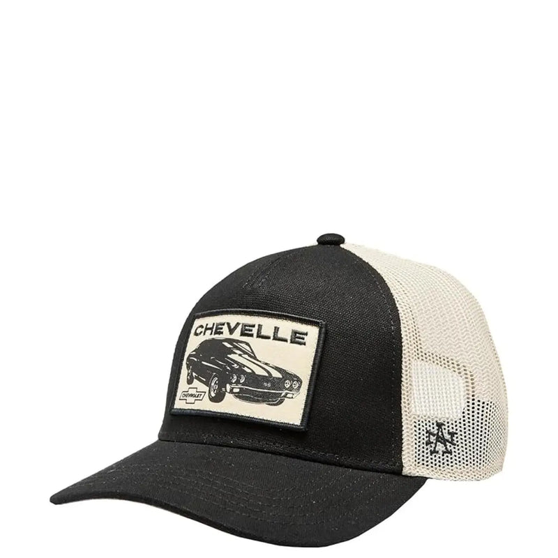Casquette trucker American Needle Men en coton mesh noir et crème avec écusson Chevrolet Chevelle vintage sur le devant