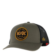 Casquette trucker American Needle pour homme, en maille de coton vert olive, avec dos en maille noire et écusson brodé ACDC, Sydney, Australie
