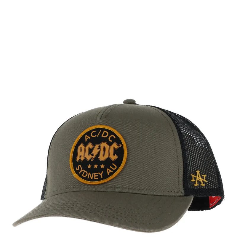 Casquette trucker American Needle pour homme, en maille de coton vert olive, avec dos en maille noire et écusson brodé ACDC, Sydney, Australie