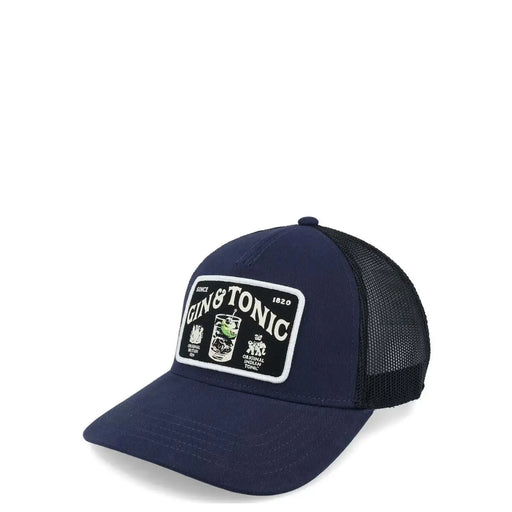 Casquette trucker American Needle Men bleu marine en coton imprimé bleu, avec dos en maille noire et écusson gin tonic.