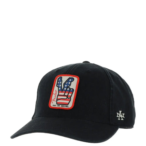 Casquette homme American Needle en coton noir ornée d'un écusson drapeau américain et symbole de paix, et du logo Fender imprimé en marron.