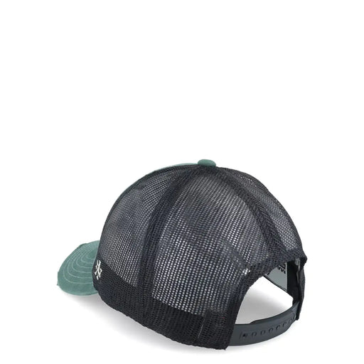 Casquette trucker noire en maille avec visière turquoise et bouton, mélange de coton, ornée du logo brodé blanc American Needle.