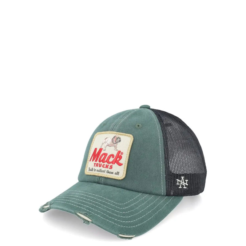 Casquette homme American Needle bleu sarcelle délavée avec dos en maille noire et écusson beige Mack Trucks en lettres rouges.