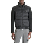 Black and gray down jacket with a high collar, zipper closure, and brand logo on the chest.
