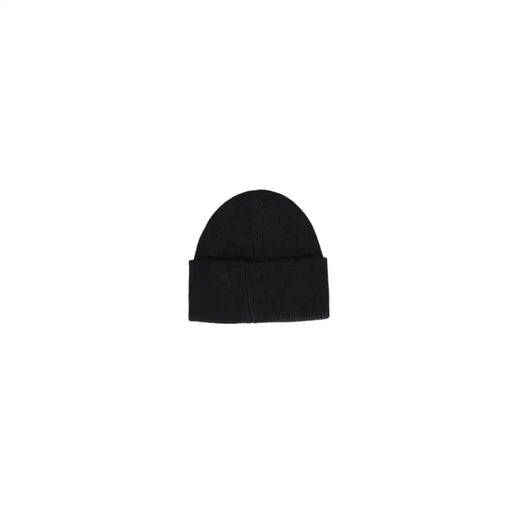 Black beanie hat with fold-over cuff and ribbed texture, likely made of wool or acrylic.