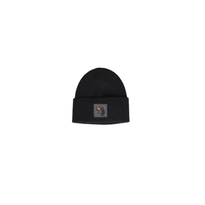 Black beanie with a square patch featuring an animal design, likely wool or acrylic.