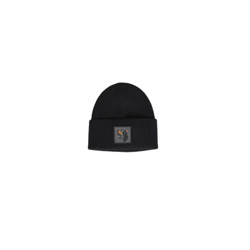 Antony Morato black wool blend ribbed knit beanie with folded cuff and embroidered wolf logo patch for men