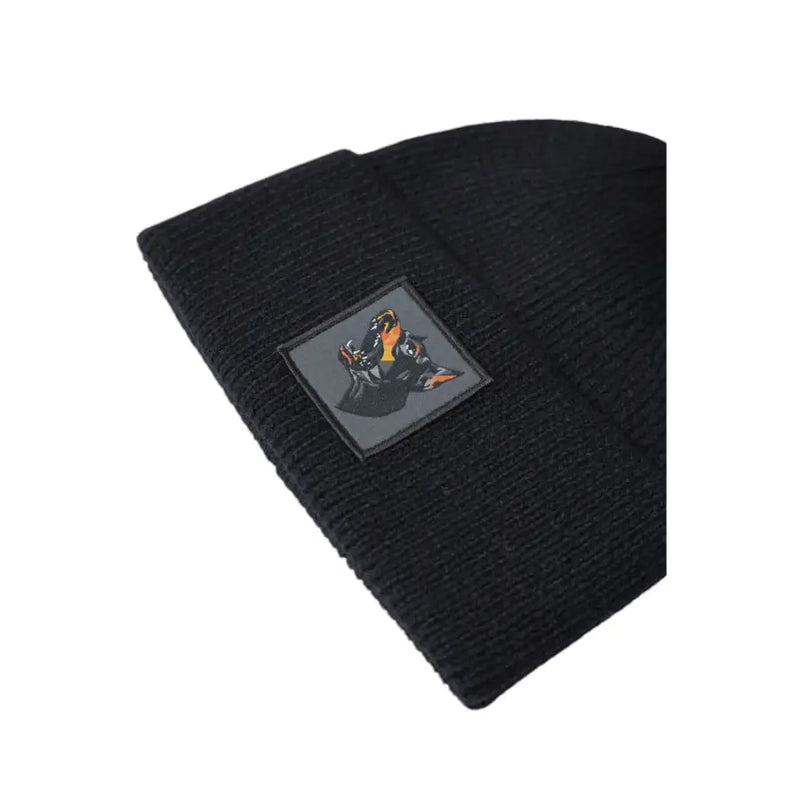 Antony Morato black wool blend ribbed knit beanie with a square patch featuring an illustrated character in black orange and gray