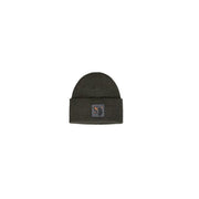 Olive green beanie with black patch and skull design, possibly by stussy.